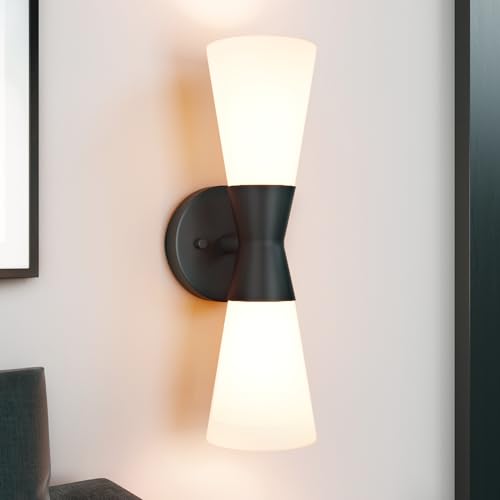 Image of Bathroom Wall Sconce, Modern Indoor Vanity Light Fixtures 15 inch,Up Down Lighting, Wall Mount Lamp for Living Room Bedroom Hallway Stairway Fireplace Mirror E26 Base 1PC White&Black