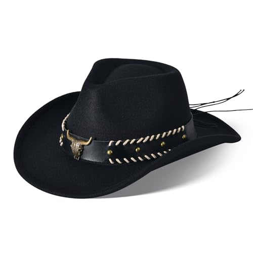 Ekulforg Cowboy Hat for Men Women Unisex Western Cowgirl Hat Wide Brim with Buckle Belt for Carnaval Costume Party Play Dress Up Halloween Cosplay (Black 01 M)