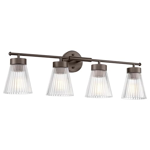 Image of 4-Light Bathroom Vanity Light, HWH Oil-Rubbed Bronze Bathroom Light Fixtures Farmhouse Vanity Lamp Over Mirror with Clear Striped Glass Shade, 5HZG97B-4W ORB