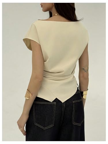 GORGLITTER Women's Pleated Office Work Shirts Dolman Sleeve Asymmetrical Neck Blouse3