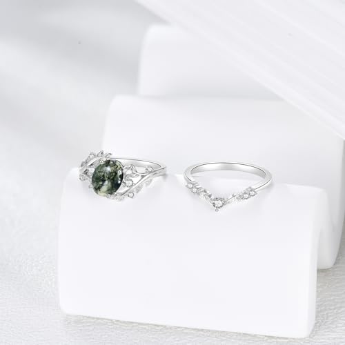 YFN Personalized Natural Moss Agate/Turquoise Ring Set for Women 925 Sterling Silver Customized Engagement Wedding Promise Ring Jewelry Gift for Anniversary Birthday Valentine's Day Christmas4