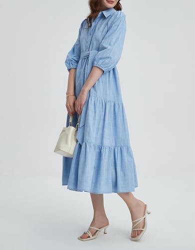 Kedera Womens 3/4 Sleeve Tiered Maxi Dresses Casual Button Down Tie Waist Flowy Shirt Midi Dresses Long Ruffle Sundress4