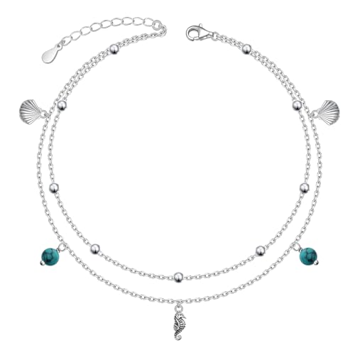 Image of Ladytree S925 Sterling Silver Boho Beach Double Layer Anklets Bracelet for Women Adjustable 9 to 11 inches