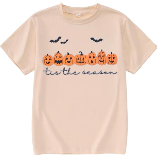 Image of Kids Boy Girl Halloween Shirts Pumpkin Face T-Shirt Spooky Tops Tis The Season Tees Short Sleeve Clothes 7-12 Years