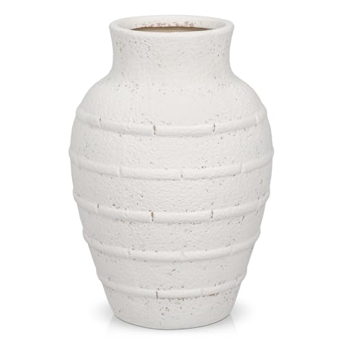 Hollyone Jarrón de cerámica blanco crema vintage 22 cm jarrones rústicos retro jarrón decorativo granja jarrones de mesa para flores y plantas, jarrón de terracota para decoración del hogar, mesa