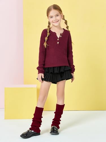 Image of rrhss Girls Waffle Knit Sweaters Trendy Henley Button V Neck Long Sleeve Pullover Jumper Tops