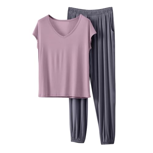 Image of HGps8w Women's Modal Soft Summer Pajamas Sets, Loose V Neck Short Sleeve Top Joggers Pants Matching 2 Piece Lounge Outfits