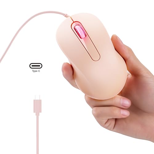 Type C Wired Optical Mouse Ergomonic USB C Corded Mice for for Apple MacBook Computer or Laptops with Type C Port-Pink