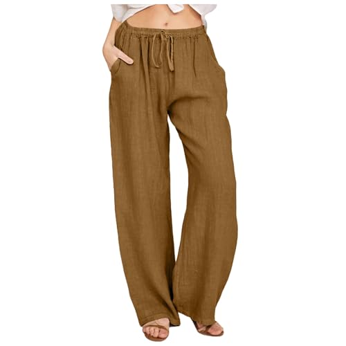 Linen Pants for Women Summer Wide Leg Casual Pants Loose Yoga Pants High Waist Drawstring Beach Palazzo Trousers, #C1-brown, X-Large