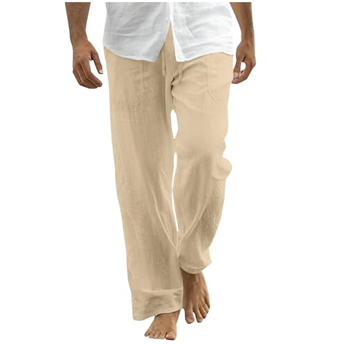 Mens Cotton Linen Pants Drawstring Elastic Waist Casual Yoga Pants Loose Fit Straight-Legs Summer Beach Long Trousers