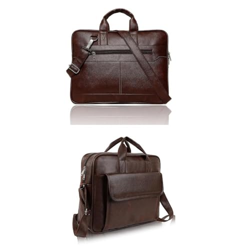 Image of Faux Leather Office Laptop Bag for Men - 15.6 Inch Briefcase Messenger Bag with Shoulder Strap | Professional Business Travel Bag with Front Pocket & Handle