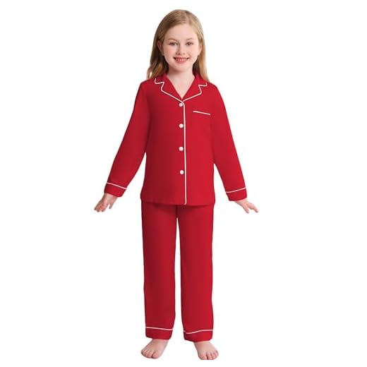 Veseacky Pijama 100% algodão com botões e manga comprida para meninos e meninas (120-160), Vermelho longo, 12-13 Anos