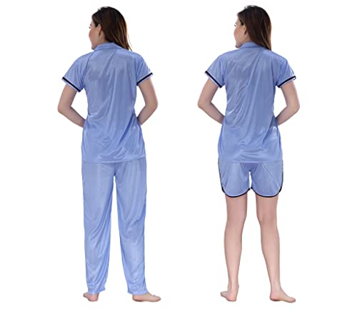 Image of Romaisa Women's Light Blue Satin Night Suit Set for Women - Stylish Pajama Set Sleepwear Lounge Wear Comfortable Nightwear