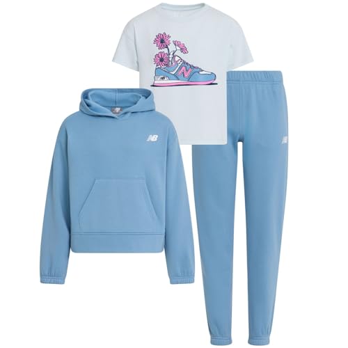 New Balance Girls 3pc Sweatsuit - Cotton Blend Fleece Activewear Set - Pullover Crewneck Hoodie, T-Shirt, Jogger, (4-12)