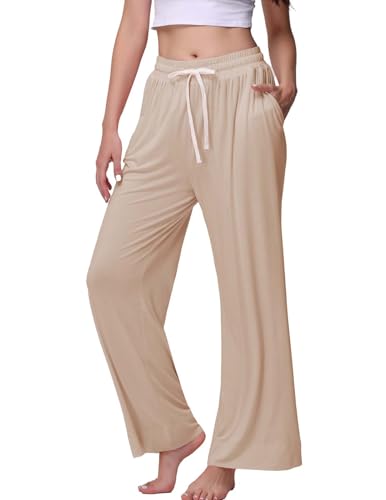 Image of Veseacky Women's Wide Leg Lounge Pants Yoga Pajamas Comfy Stretch Drawstring Pajamas Puls Size Dance Bottoms S-4XL