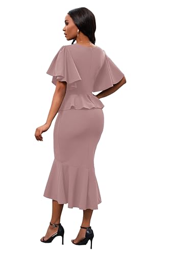 Image of Womens Summer Ruffle Short Sleeve Fishtail Dress Evening Cocktail Formal Peplum Midi Mermaid Dresses Elegant