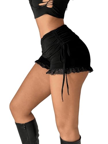 GORGLITTER Damen Shorts Sommer Y2K Schmale Kurzhose Ultraniedriger Bund Short Durchsichtige Spitze Minishorts Einfarbig Sommershort Rüschen-Shorts Schwarz S