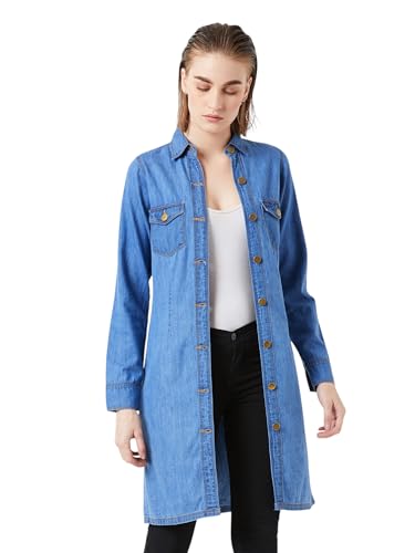 Image of Miss Chase Women's Polo Neck Full Sleeves Patch Pocket Denim Overcoat Knee-Length Jacket
