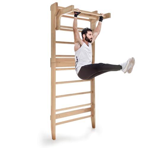 HOMASIS Espaldera de Gimnasio de Madera, Barra Sueca con Travesaño Horizontal Extraíble, Barra para Dominadas de Fitness para Casa para Niños y Adultos, 80 x 48 x 195 cm