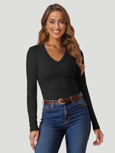 ATHMILE Womens Fall Deep V Neck Long Sleeve Shirts Modal Slim Fit Basic Tee Tops 20253