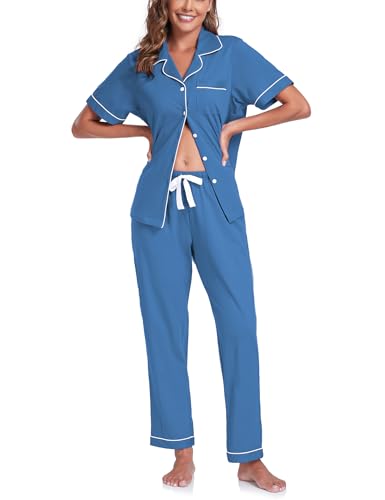 Image of COLORFULLEAF Women's 100% Cotton Pajamas Set Button Down Sleepwear Short Sleeve Shirt and Long Pants Soft Ladies Lounge Sets