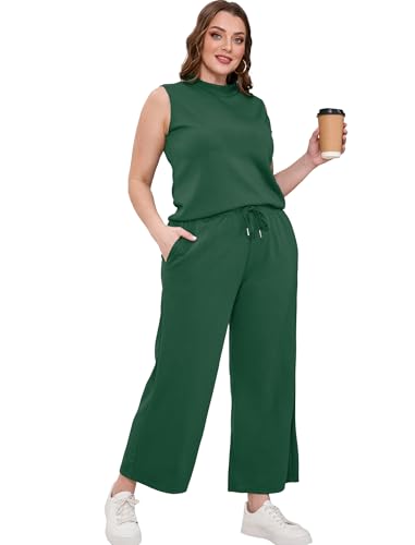Image of SAMPEEL Two Piece Sets for Women Summer Outfits Lounge Sets Mock Neck Tops Wide Leg Crop Pants Vacation Travel Outfits