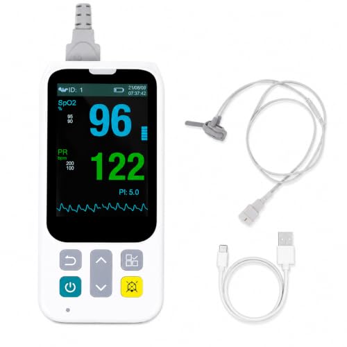 Image of Handheld Pulse Oximeter with Respiration Tracking, Rechargeable Oxygen Monitor with Foot Sensor and Finger Sensor, Continuous Monitoring with Alarm, Portable SpO2 Pulse Rate PI Display for Home Use