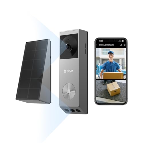EZVIZ Timbre Inalámbrico Exterior con Doble Cámara y Panel Solar, 2K+ 2MP, Detección de Personas/Paquete,Visión Nocturna en Color,Cambiador de Voz,32GB eMMC Incorporado,Impermeable,EP3x Pro