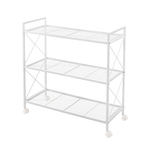 Image of SONGMICS 3-Tier Metal Storage Rack with Wheels, Mesh Shelving Unit with X Side Frames, 31.5-Inch Width, for Entryway, Kitchen, Living Room, Bathroom, Industrial Style, White UBSC183W01