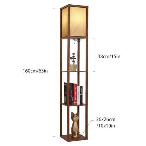 Garwarm LED Shelf Floor Lamp -Asian Wooden Frame-Tall Lights with Organizer Storage Display Shelves-Modern Standing Lamps for Living Room Bedroom (Brown)