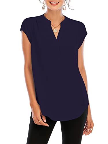 Famulily Womens Split V Neck Cap Sleeve Tops Frill Trim Elegant Work Office Blouse Shirts