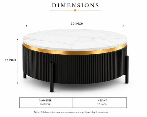 Image of WOODEN SPACE Premium Luxury Nazaara Marble-Top Coffee Table with Iron Legs & PVD Coating | Modern Round Wooden Center Table for Living Room & Entryway (Black, 30 Inch)