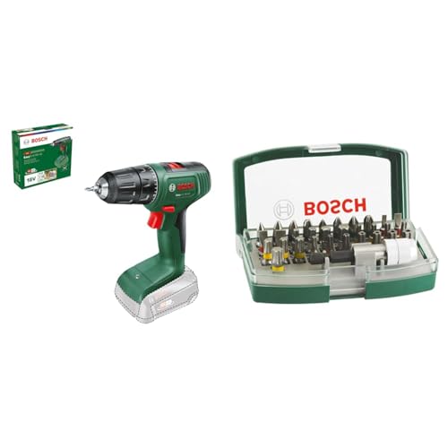 Bosch Home and Garden Cordless Drill Driver EasyDrill 18V-40 (Without Battery, 18 Volt System, in Carton Packaging) + 32pc. Screwdriver Bit Set (PH-, PZ-, Hex-, T-, TH-, S-Bit, Accessories)