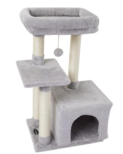 FISH&NAP Cute Cat Tree Kitten Cat Tower for Indoor Cat Condo Sisal Scratching Posts with Jump Platform Cat Furniture Activity Center Play House Grey