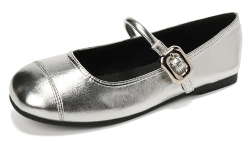 Niction Mary Jane Shoes Flats for Women PU Leather Round Toe Buckle Adjustable Strap Comfortable Slip on Ballet Dressy Flats for Work Casual Shoes