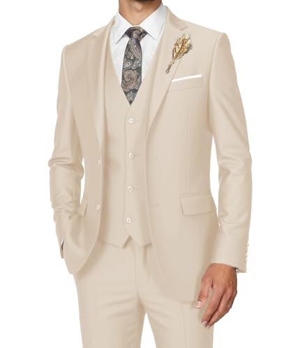 Men's Suits Regular Slim Fit 3 Piece Champagne Suit for Mens Wedding Dress Guest Tuxedo Beige Men Blazer Vest and Pants Set,2XL Big and Tall Suits