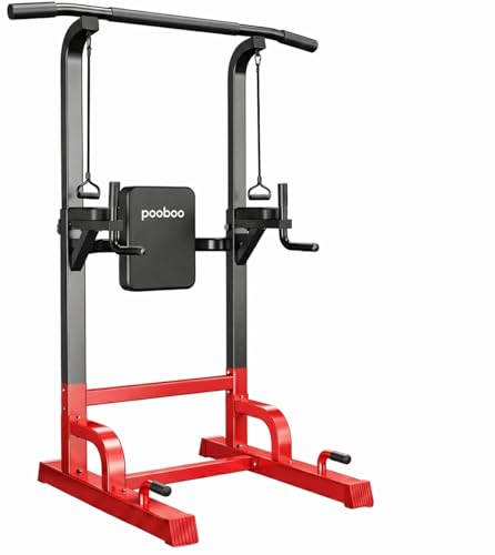 Power Tower Dip Station Pull Up Bar for Fitness Home Gym Workout,Multi-Function Adjustable Height Fitness Strength Training Exercise Equipment,with Power Elastic Ropes (Black Red)