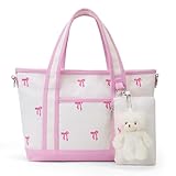 hibear Bow Tote Bag for Women Cute Bow Purse Canvas Crossbody Handbag Aesthetic Bag with Bear Doll/Coin Purse