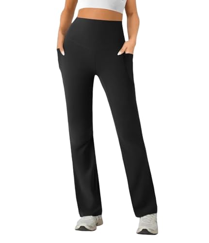 SEAJOJO Womens High Waist Yoga Pants Stretchy Casual Trousers Straight Leg Pull On Side Pockets Black