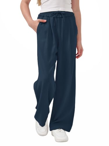 Image of Rolanko Girls Wide Leg Linen Pants Breathable Flowy Palazzo Trousers for School Beach Daily Wear 9-15 Years