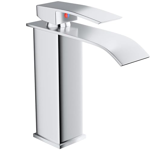 VOLTIX Rubinetto per Bagno a Cascata - Miscelatore Monocomando per Lavabo con Risparmio Idrico - Regolabile per Acqua Calda e Fredda - Rubinetto Lavabo Moderno Design Elegante per Bagno (Cromato)