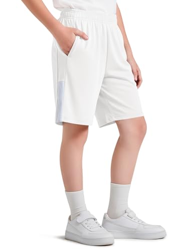 Haloumoning Boys Athletic Shorts Kids High Waist Elastic Running Basketball Shorts with Pockets 5-14 Years White