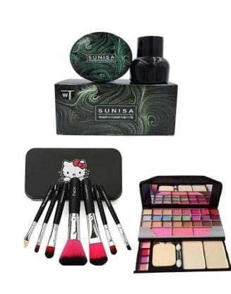 SUNISA Water Proof Mushroom Head Air Cushion Foundation Whitening BB Cream and TYA GIRL 6155 Makeup Kit with 7 Black Makeup Brushes Set - (Pack of 10)
