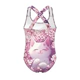 Jekioweii Cat Cherry Blossom Girls One Piece Swimsuit Quick Dry Cross Strap Bathing Suit Little Kids Beach Sport Swimwear Ballet Gymnastics Tank Leotards