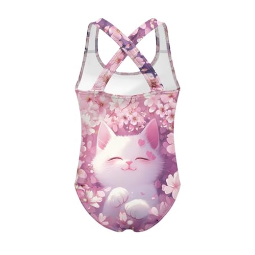 Jekioweii Cat Cherry Blossom Girls One Piece Swimsuit Quick Dry Cross Strap Bathing Suit Little Kids Beach Sport Swimwear Ballet Gymnastics Tank Leotards