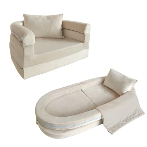 Canapé en Mousse pour Enfants avec Couverture &amp; Oreiller, Sofa Convertible 3-en-1 Pré-assemblé pour Tout-Petits, Chaise Pliable d'Intérieur &amp; Lit de Sol Dépliable pour Garçons &amp; Filles (Ivoire)