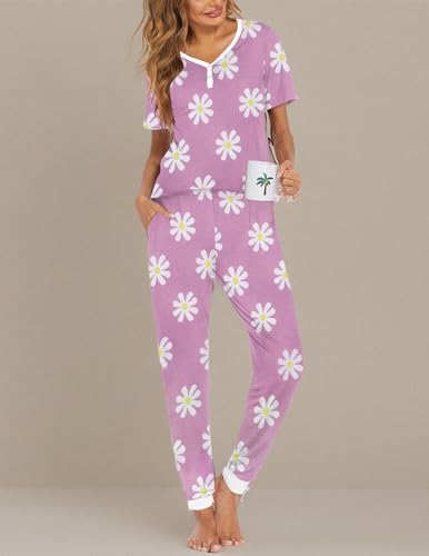 Image of Ekouaer Pajamas for Women Set 2 Piece Fall Lounge Sets Short Sleeve Pjs Joggers Long Pants Sleepwear with Pockets
