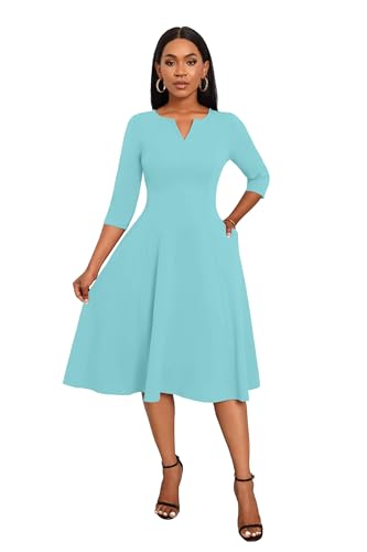Image of Nmoder Midi Dresses for Women A-Line Fit and Flare Dress 3 /4 Sleeve V Neck Cocktail Wedding Guest Work Dress with Pockets