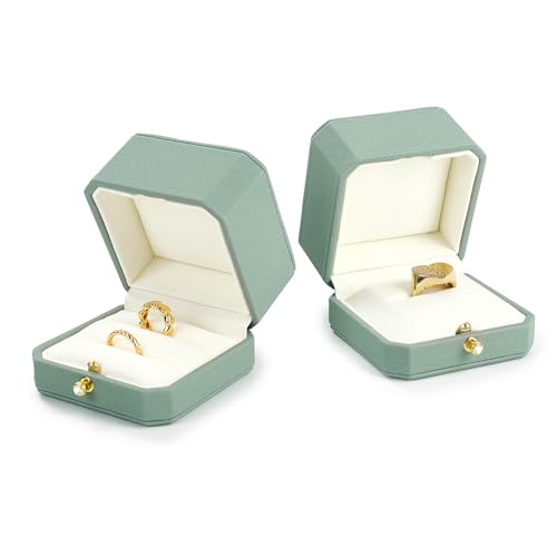 Leather Ring Box Jewelry Gift Box Mirofiber Interior Wedding Ring Case for Birthday, Proposal, Engagement, Wedding, Valentine's Day (Green)
