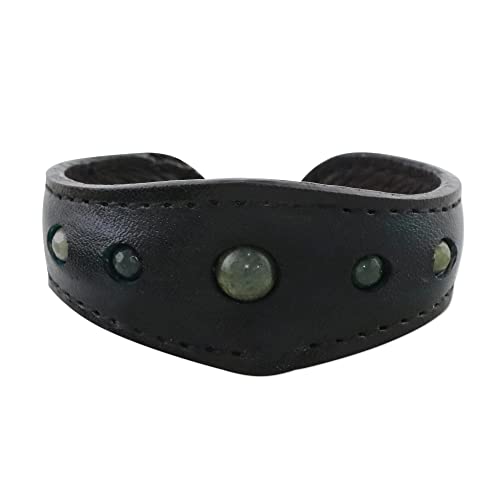 Novica Agate Stainless Steel Leather Cuff Bracelet 'Green Moss Power' #TOP7